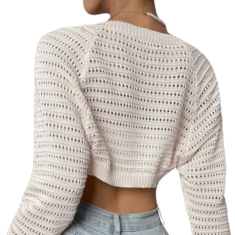Crochet Open Front Crop Cardigan Mesh Bolero Knit Top